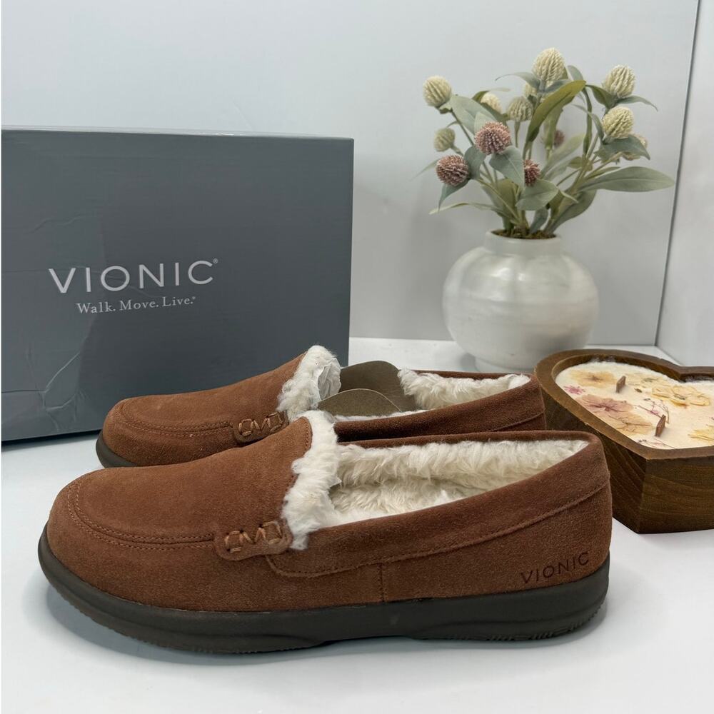 Vionic Lynez Faux Fur Suede Slip On Slipper Toffee Women 8.5M NWB
